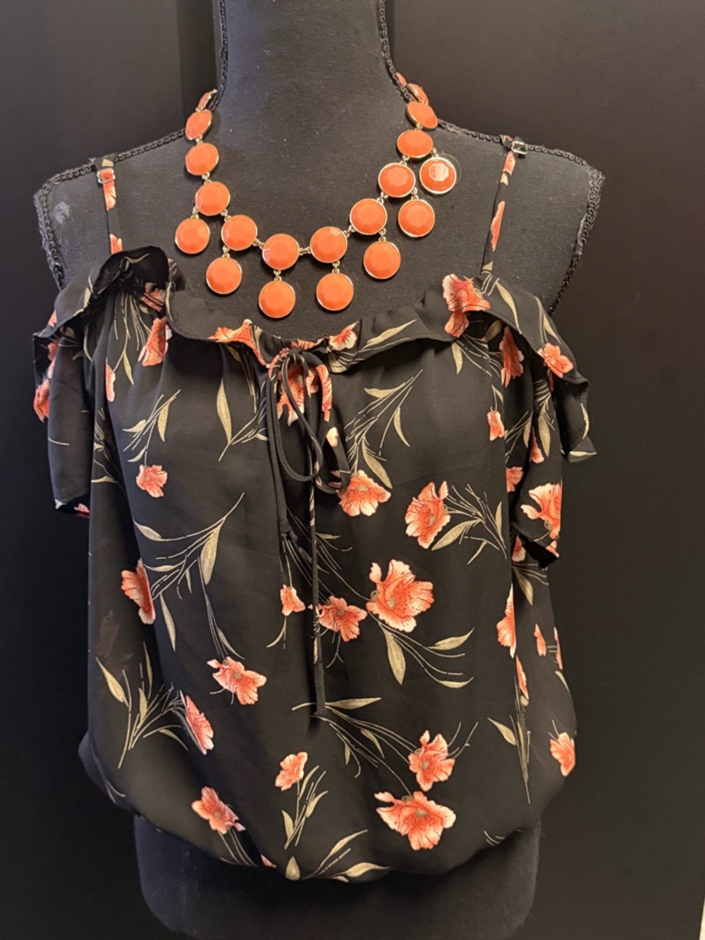 Sienna Sky Black Cold-Shoulder Floral Ruffle Top with Coral Print